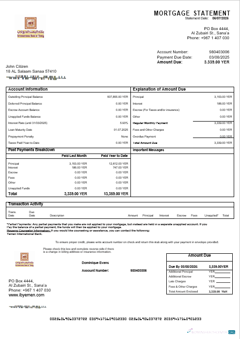 Download Yemeni International bank mortgage statement in Word and PDF formats Photoshop template